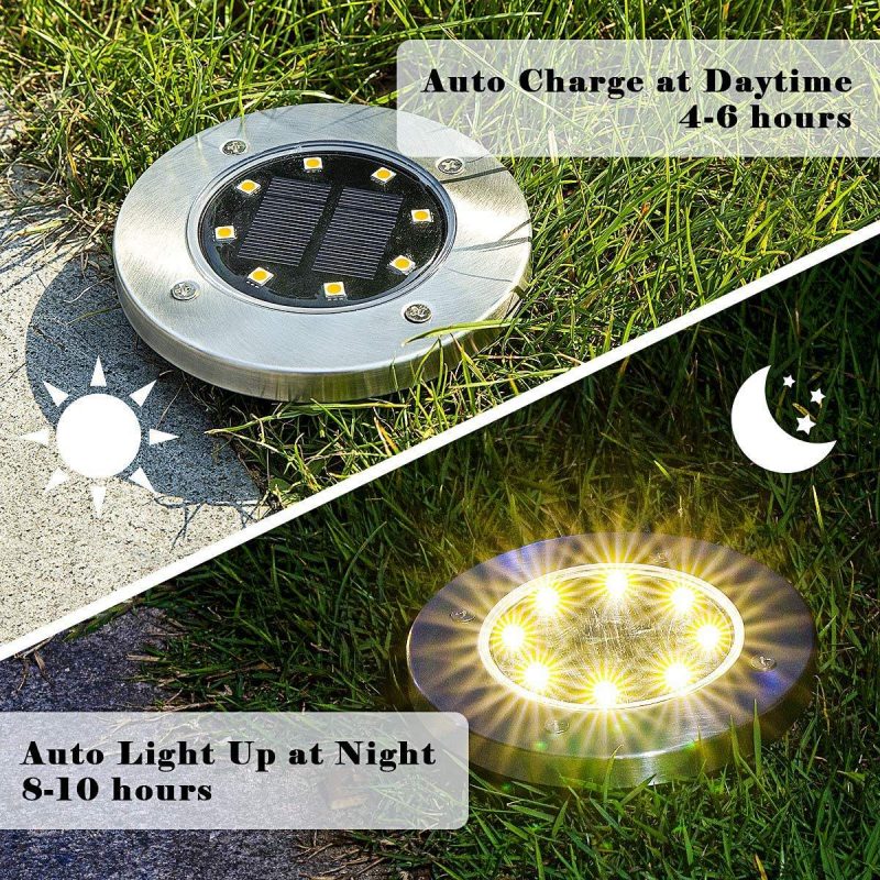 Outdoor Waterproof Garden Pathway Lawn Landscape Lighting Lamp Stainless Steel Disk Bright Underground 8led Solar Ground Lights