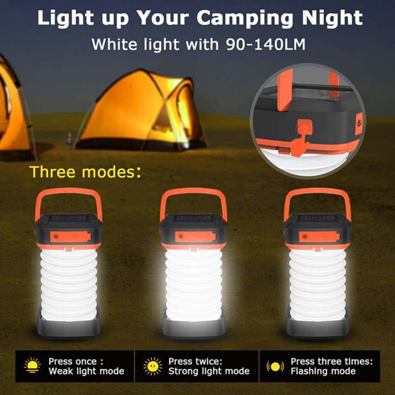 Waterproof Collapsible Led Rechargeable Usb Solar Powered Lantern Camping Hanging Outdoor Fishing Tent Light