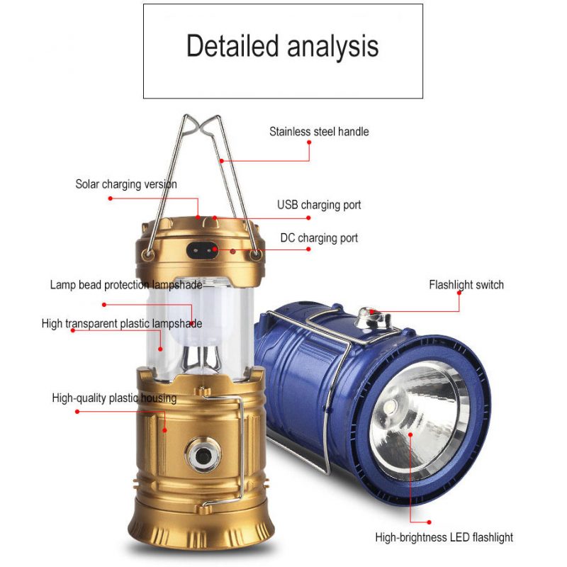 Waterproof Collapsible Portable Usb Rechargeable Flashlight Led Solar Camping Lantern Light For Indoor Outdoor Emergency Lamp