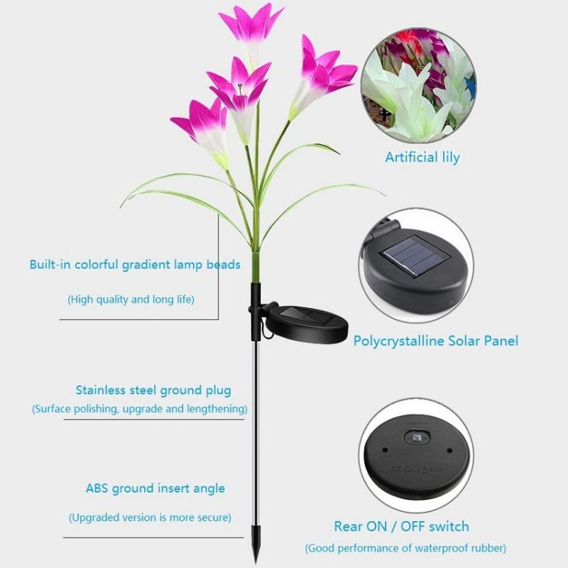 Outdoor Solar Powered Lily Flower Shaped Multi-Color LED Landscape Lighting Stake Lights for Garden Patio Lawn Yard