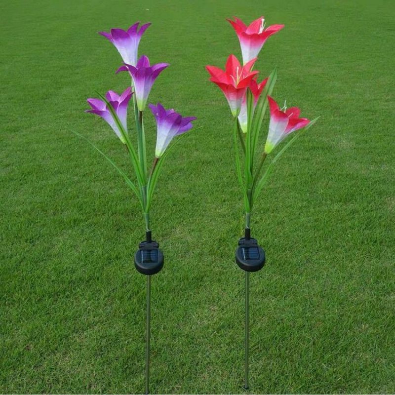 Outdoor Solar Powered Lily Flower Shaped Multi-Color LED Landscape Lighting Stake Lights for Garden Patio Lawn Yard