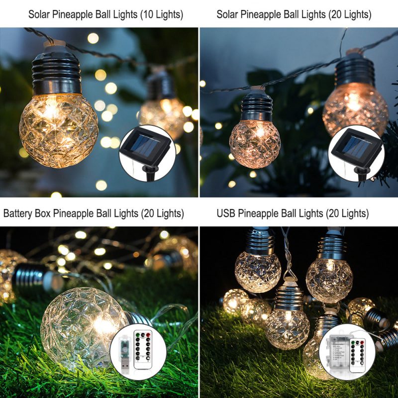 Pineapple Ball Shape 10led Solar Bulb String Light Warm LED Christmas String Light Outdoor Decorative LED String Lights for Yard