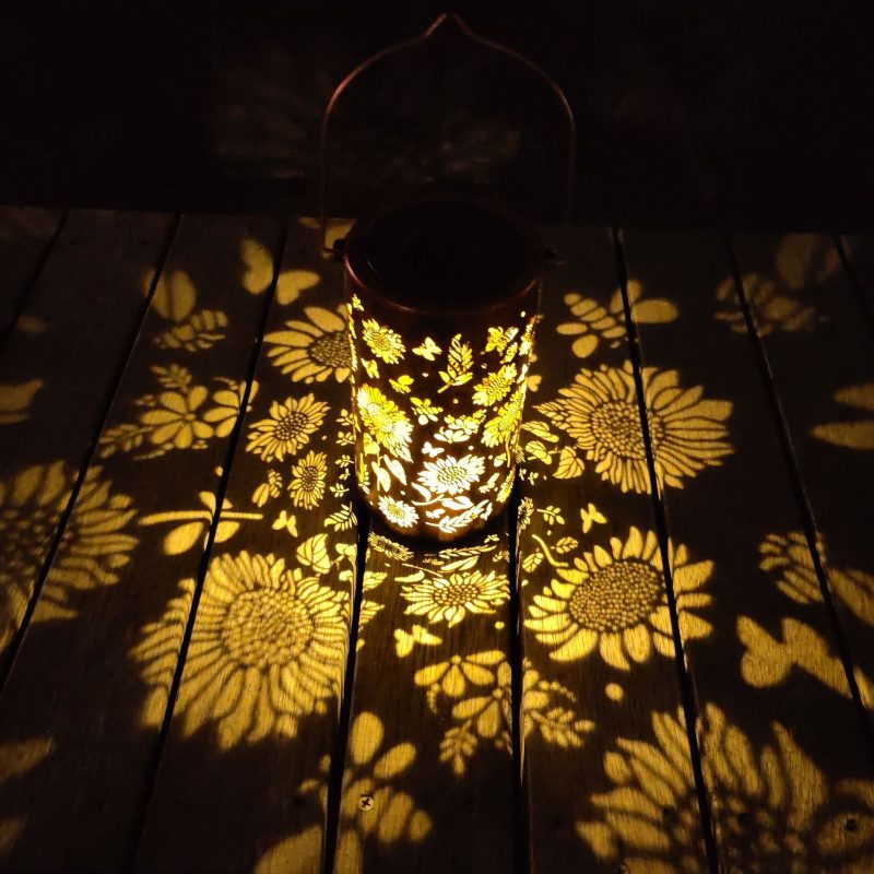 Solar Outdoor Waterproof Patio Light Garden Lawn LED Iron Hollow Sunflower Hanging Lamp