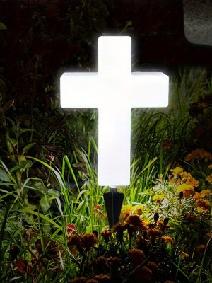 Solar Cross Grave Light White Plastic Illuminated Cross for Cemetery Marker Tombstone