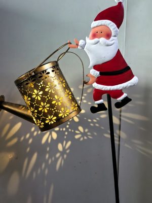 Solar Christmas Santa Watering Can Light Outdoor Iron Craft Landscape Lamp for Lawn Decoration