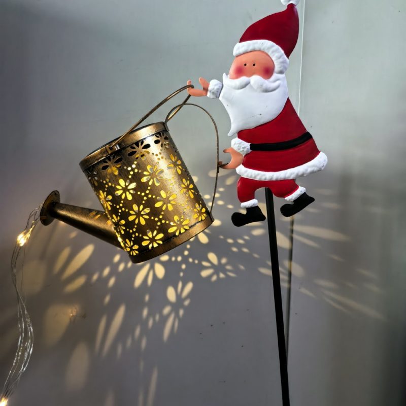 Solar Christmas Santa Watering Can Light Outdoor Iron Craft Landscape Lamp for Lawn Decoration