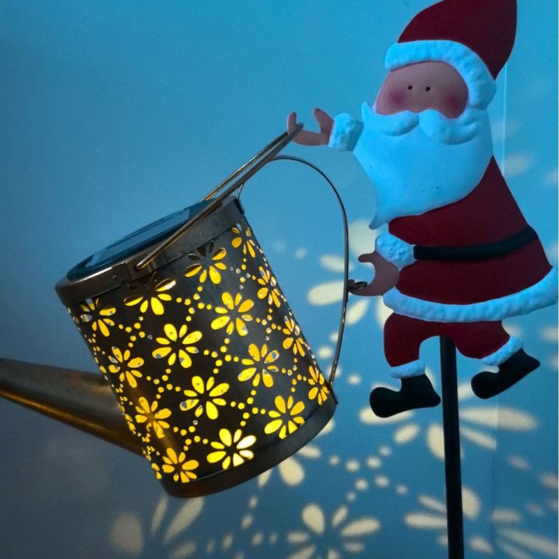 Solar Christmas Santa Watering Can Light Outdoor Iron Craft Landscape Lamp for Lawn Decoration